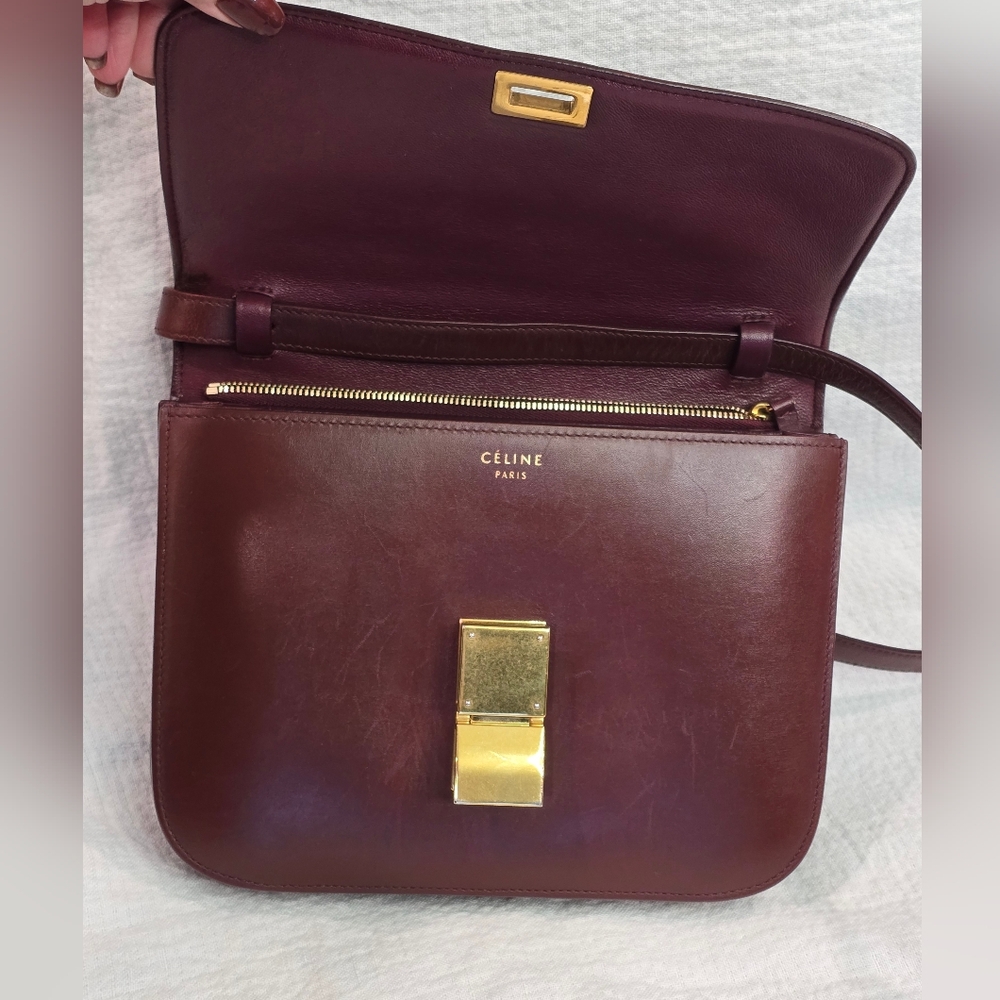 Celine Classic Box Leather Medium Bag Flap Purse Teen Triomphe Burgandy Brown - Picture 8 of 16